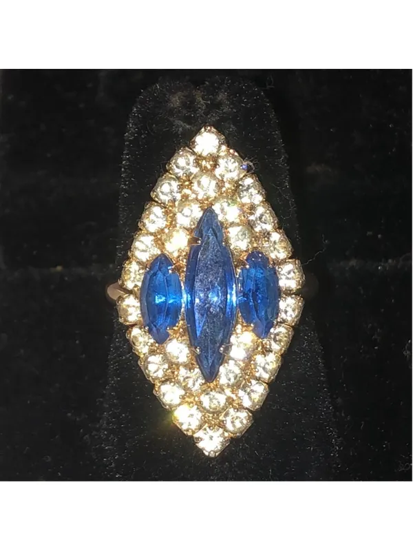 Gold Tone Blue Marquise Crystal Statement Ring - Image 2