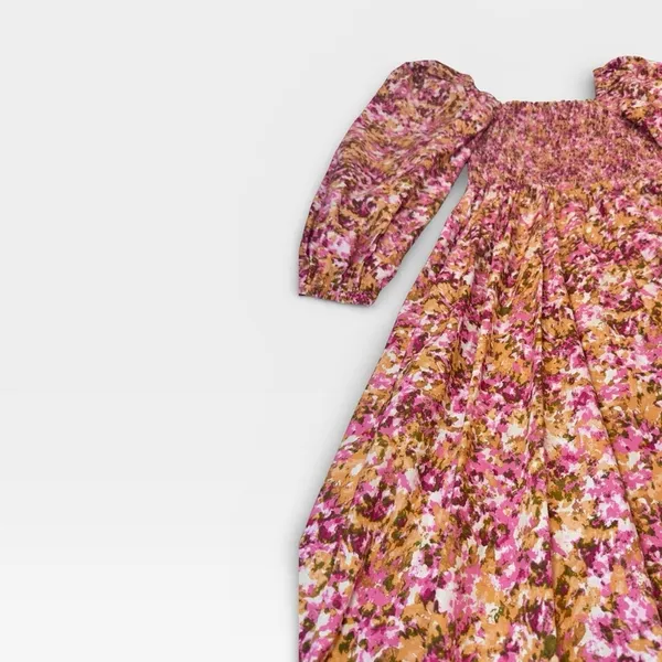 J.Crew Pink Floral Smocked Puff Sleeve Cotton Midi Dress XS Fit Flare - Image 6