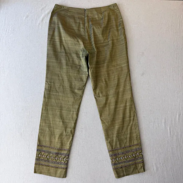 Muse 2 Piece Pant Set Womens 8 Green 100% Silk Beaded Embroidered Crop Top Pants - Image 5