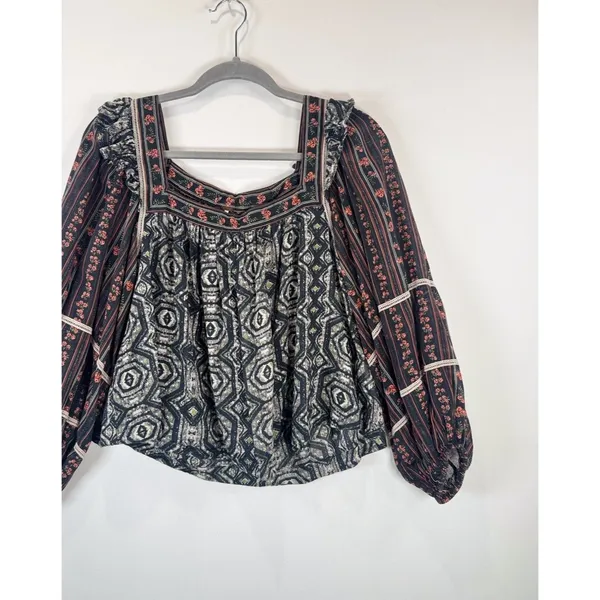 Free People Womens Top Gray Mostly Meadow Blouse Aztec Babydoll Boho Medium - Image 5