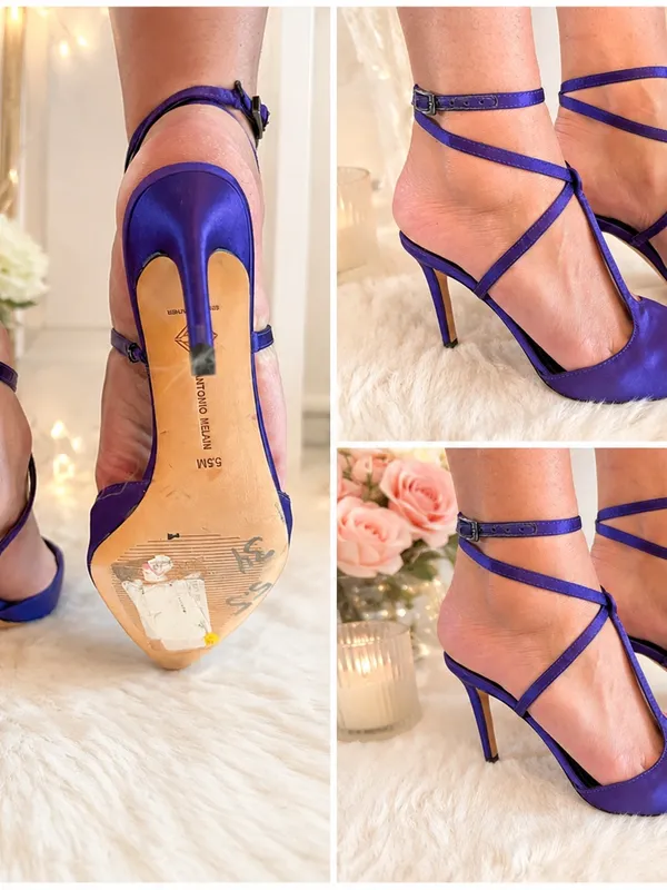 Antonio Melani Strappy Purple Satin High Heel Sandals with Ankle Buckle - Image 2