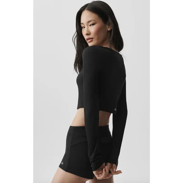 Alo Yoga Ribbed Cropped Whisper Cardigan Black Button Front XS - Image 10