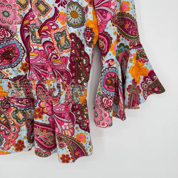 1.STATE Paisley Bell Sleeve Peplum Blouse Large Blue Pink Boho Festival‎ Hippie - Image 5