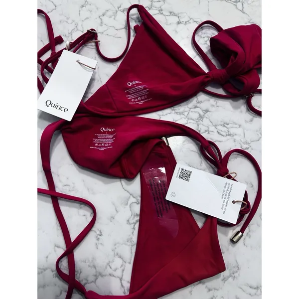 NWT Quince Cherry Red Knot Tie Bikini Top & Adjustable Side Tie Bottom Set Small - Image 3