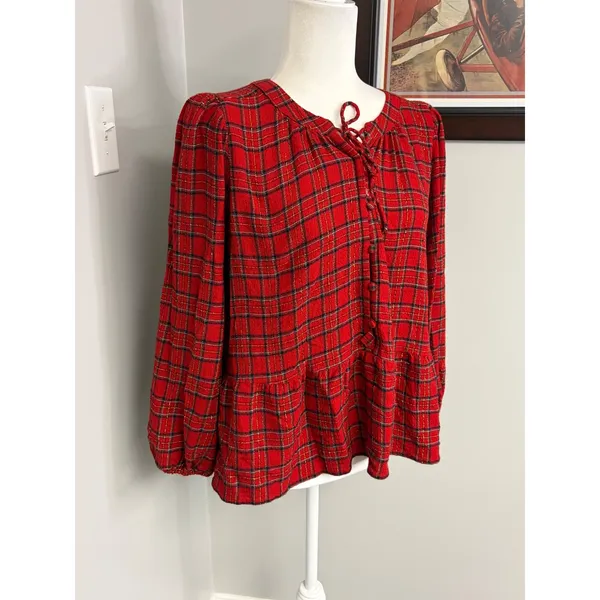 Loft Petites Red Plaid Metallic Peplum Blouse Tie Neck MP - Image 2