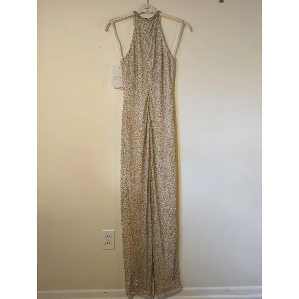 New NWT Mac Duggal Beaded Sleeveless High Neck Column Gown Nude Silver Size 6 - Image 7