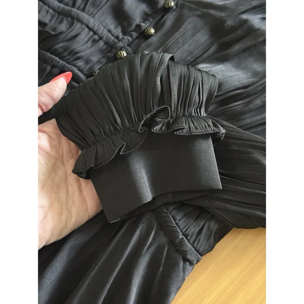 By Anthropologie Tiered Ruffled Mini Dress‎ Small Black Satin Long Sleeve - Image 5