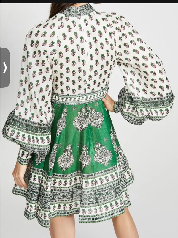 NWOT Zimmermann Green and White Printed Balloon-Sleeve Mini Dress - Image 5