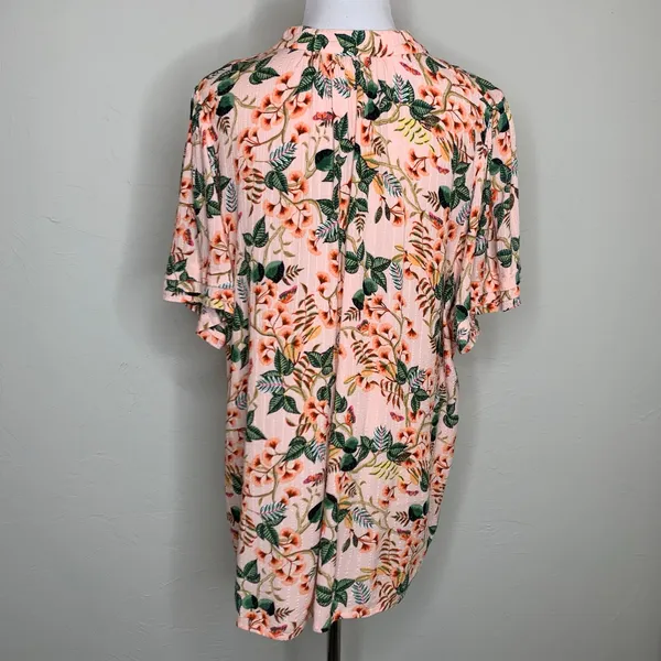 LOFT Peach Floral Blouse Crinkle Fabric Sz XL 100% Viscose - Image 2