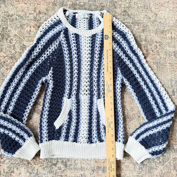 Free People Dayton Beach Navy White Striped Open Knit Crochet Sweater XS - Image 7