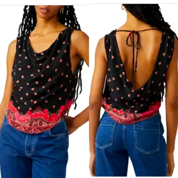 Free People‎ Silas Printed Tank Top Size XS Black Combo Sleeveless Pullover NEW - Image 2