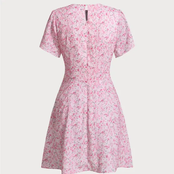 Rihoas Pink Floral Round Neck Pleated Mini Dress - Image 6