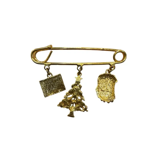 Christmas Pin Safety Pin Santa‎ Tree Gift Gold White Red Green - Image 2