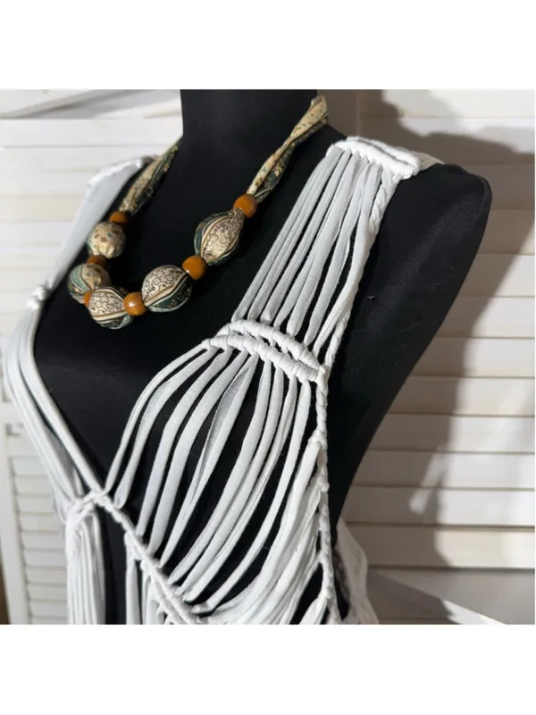 Solitaire white fringes crochet vest top macrame boho fairy festival coastal S - Image 6