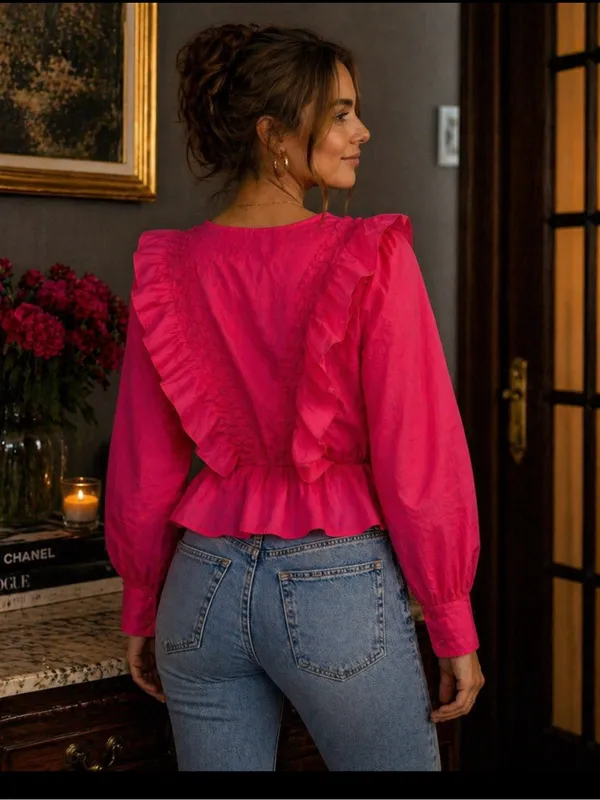 Feminine Ruffled V-Neck Peplum Blouse in Hot Pink - Image 3