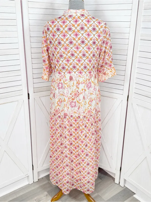 Dolma Kelly Floral Boho Tiered Midi Dress Pink Orange Large Cotton Mosaic - Image 5