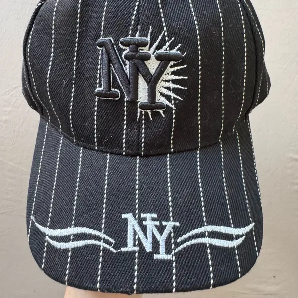 Embroidered Pinstriped New York Cap Black - Image 2