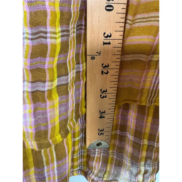 Anthropologie Yellow Pink Plaid Mini Dress Womens L Babydoll Boho Tie Back - Image 10