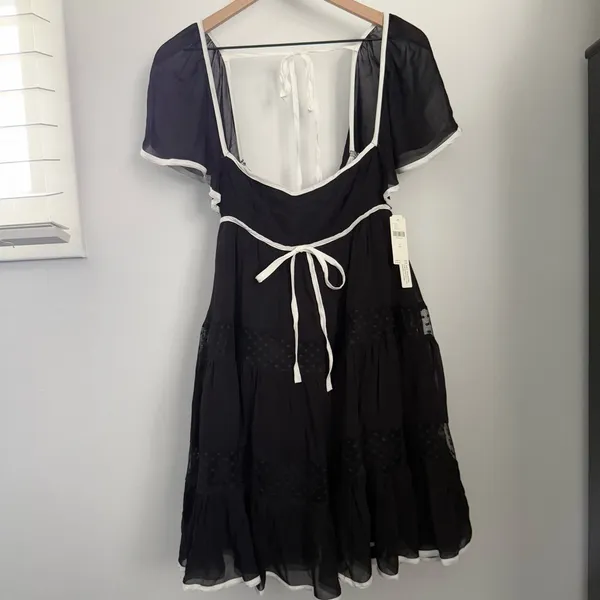 Anthropologie‎ Maeve XS Flutter Sleeve Bow Babydoll Dress Black White Whimsigoth - Image 3
