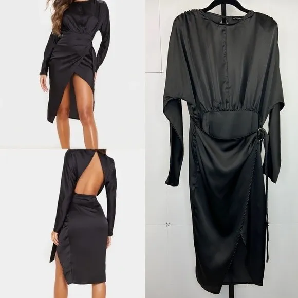 PrettyLittleThing High Slit Wrap Dress Womans 8 Black Satin Open Back Clubwear - Image 2