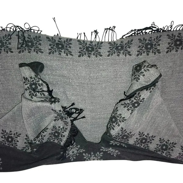 Fuzzy Oversized Layering Ruana Wrap Black Gray Floral Boho Fringe Cape Shawl OS - Image 3