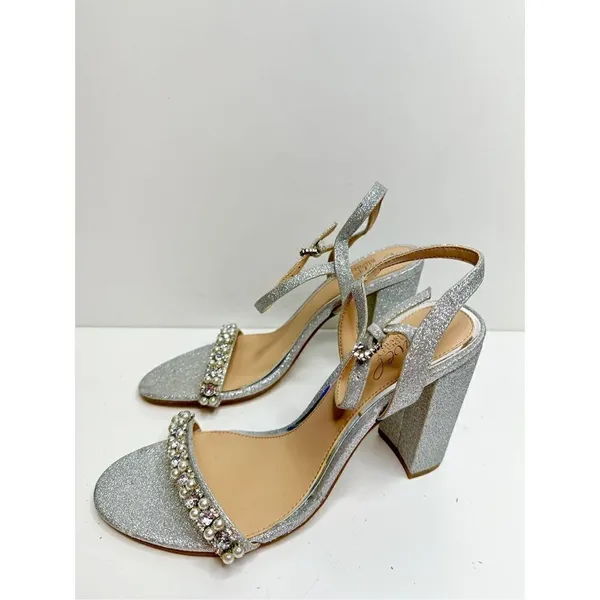 Badgley Mischka Sandals Size 8.5 Silver Block Heel Open Toe Embellished Bridal - Image 3