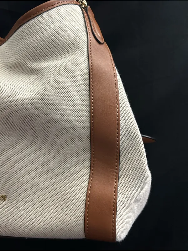 Nine West Cream Canvas Shoulder Tote Boho Bag with Brown Trim - Image 3