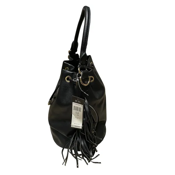 BCBG Paris‎ fringe bucket bag black vegan drawstring shoulder convertible NEW - Image 5