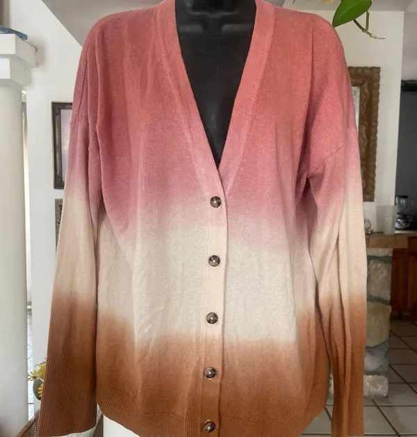 J.Jill Dip Dyed Ombré Cardigan Sweater Womens Large Pink Brown White But… - Image 2
