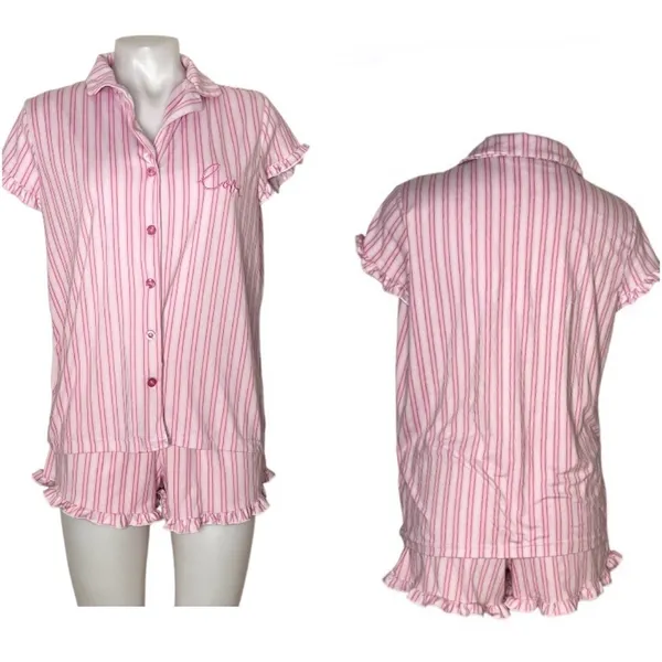 LAURA ASHLEY Pajamas Two Piece Short Sleeve Shorts Pink Stripe Size Medium - Image 9