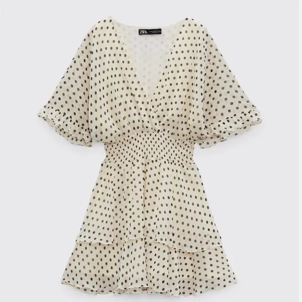 Zara Off White Polka Dot V-neck Wrap Ruffle Layered Smocked Tiered Mini Dress L - Image 4