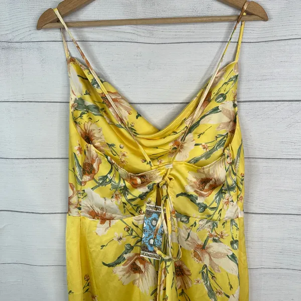 Boohoo NWT Womens 12 Yellow Satin Floral Cowl Neck Slip Maxi Dress Flute Hem - Image 4