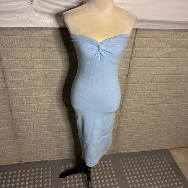Lillusory Light Blue Strapless Ribbed Knit Twist Front Midi Dress LS048 Small - Image 4