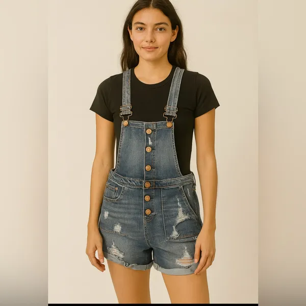 Women’s XS Distressed Jean Overalls High Rise – Vintage Look Short Romper (F10)✨ - Image 2