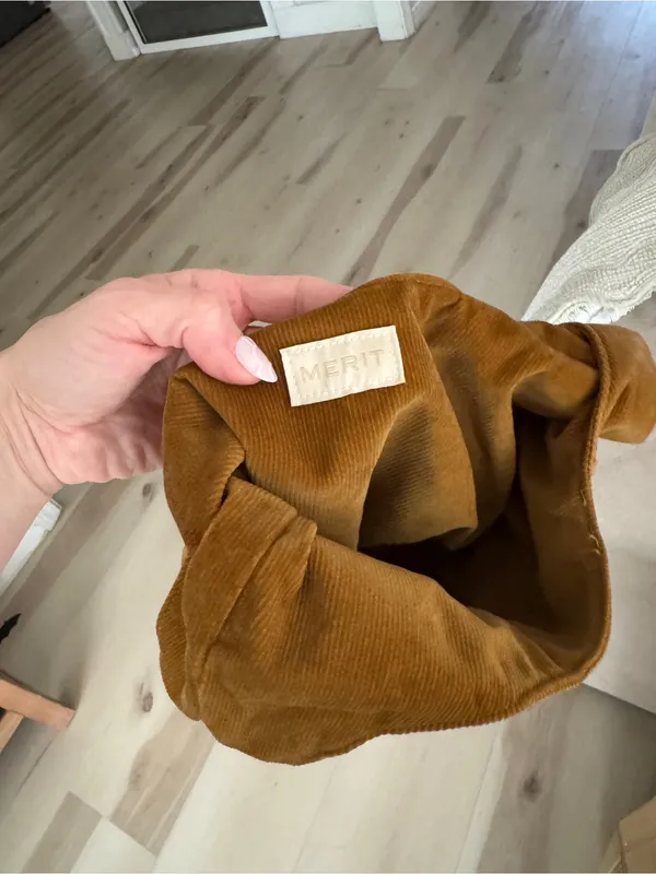 MERIT corduroy tie makeup bag ribbed cosmetics travel pouch caramel neutral - Image 9