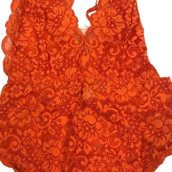 FREE PEOPLE X HAH Lace Bodysuit Sz S Burn Orange Feminine Party Resort Boho NWT - Image 6
