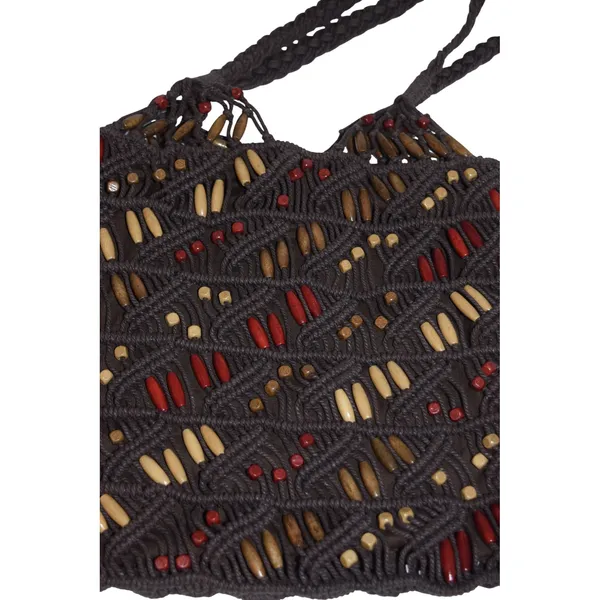 Macrame Purse Tote Bag Womens Medium Brown EUC Beaded Boho‎ Shoulder - Image 4