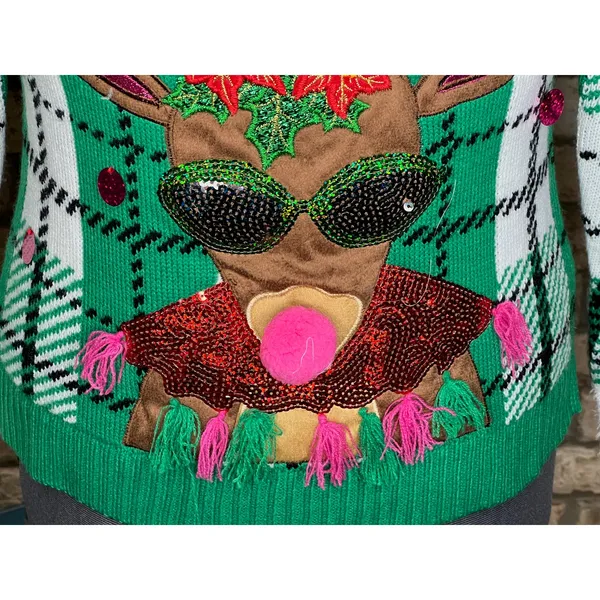 Celebrate together ugly christmas sweater reindeer rudolph plaid red green pink - Image 3
