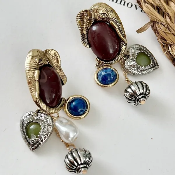 Elephant Gold Dangle Charms earrings Gems Heart Bohemian Womens Jewelry - Image 2