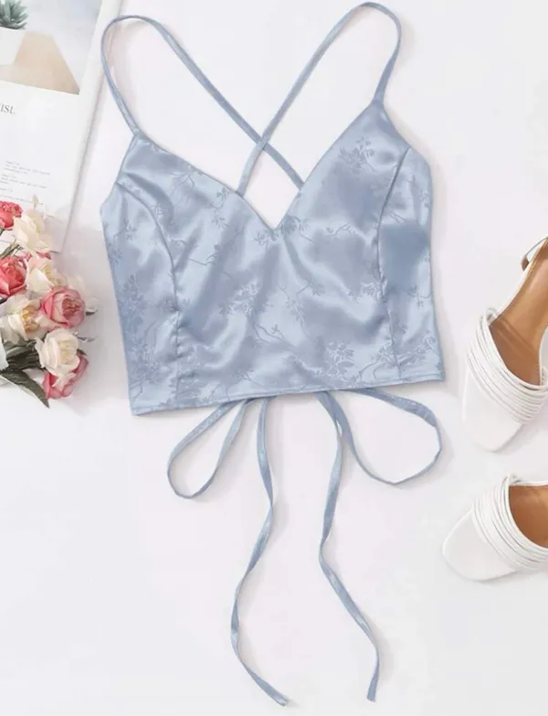 Romwe Satin Lace up Crop Top - Image 3