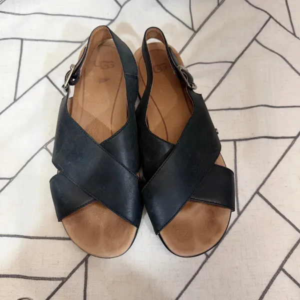 UGG Kari‎ Slingback Sandals 7.5 Black Leather Crisscross Platform 1092259 - Image 3