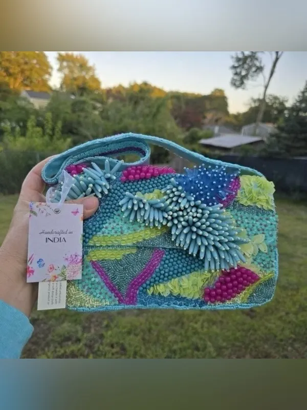 Handcrafted in India Beaded Coastal Coral Reef Shoulder Handbag Purse Teal Aqua - Image 3