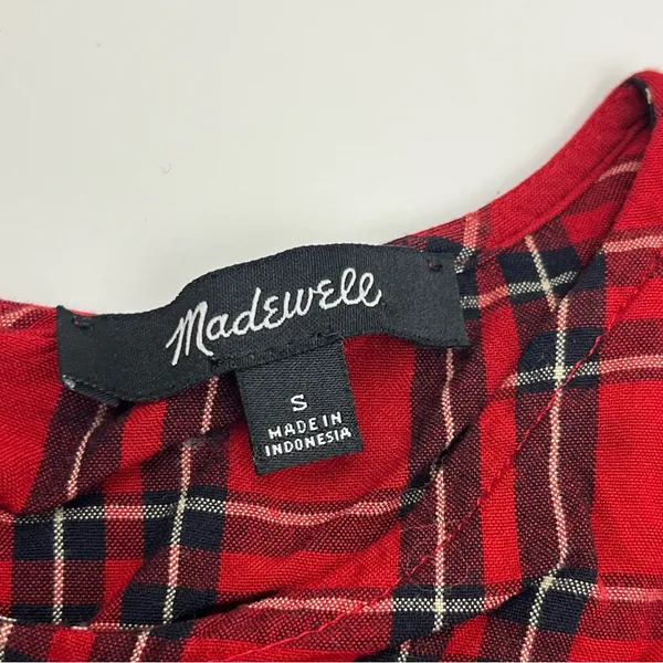 Madewell Red Black Small‎ Tartan Plaid Tiered Button Back Bell Fluted Sleeve Top - Image 3