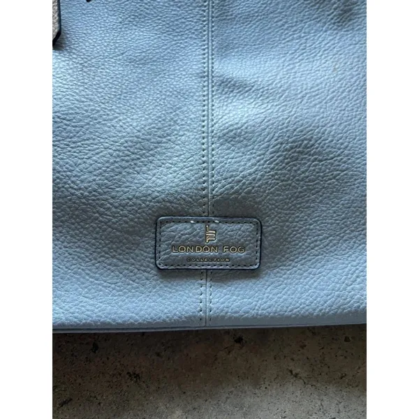 London Fog Travel Bag Houndstooth Brwn Barrel Duffle Leather Light Blue Bag - Image 2