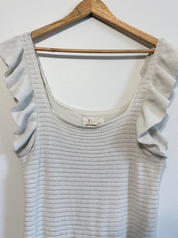 Anthropologie Ruffled Pointelle Mini Dress Size Medium Crochet Knit Ivory Fall - Image 4