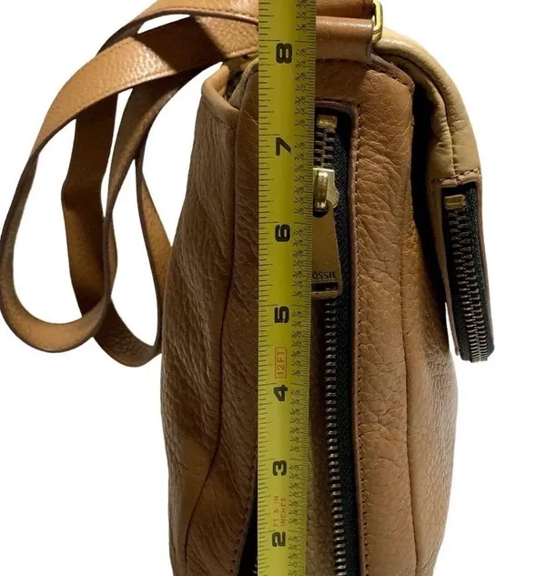 Fossil Crossbody Satchel Tan Brown Pebbled Leather multi pocket - Image 14