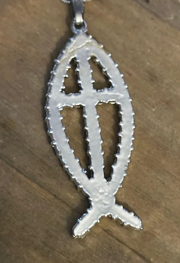 Vintage AB Rhinestone Ichthus Fish Cross Pendant Necklace - Image 5