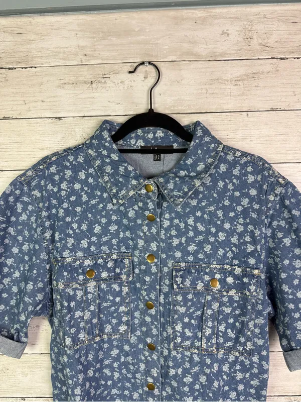 Lulus Renske Light Wash Floral Print Denim Mini Dress Size XL - Image 4
