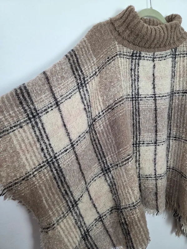 World Market Soft Furry Poncho Shawl Plaid Autumn Academia Fringe Warm Layering - Image 3