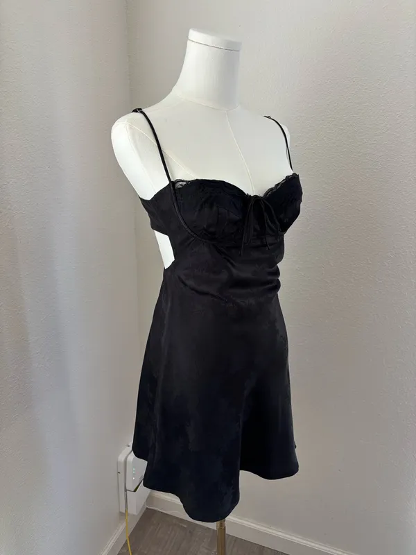 Little Lie Black Satin jacquard lace-trim mini slip dress (S) - Image 2